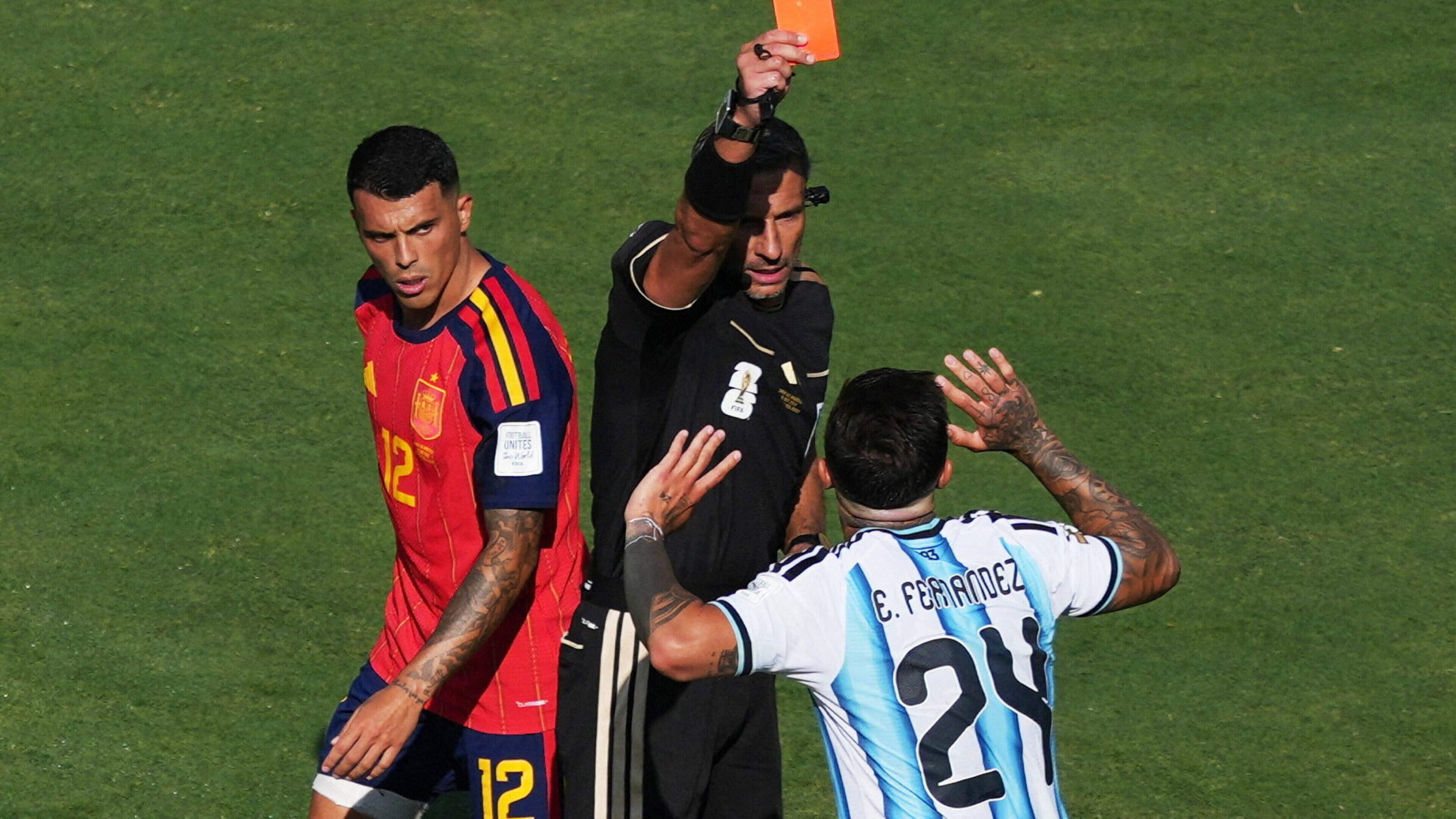 Spain v Argentina, World Cup final: Enzo Fernandez sent off as tense final goes to extra-time  
