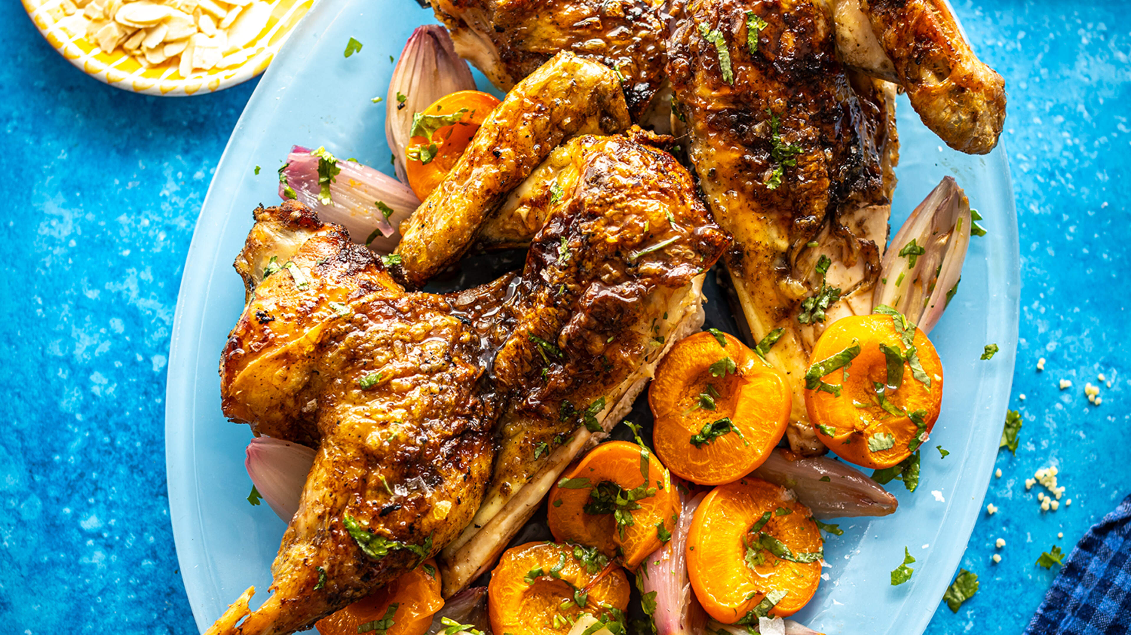 Moroccan BBQ Chicken with Roast Apricots, Stone Fruit, Almonds & Couscous