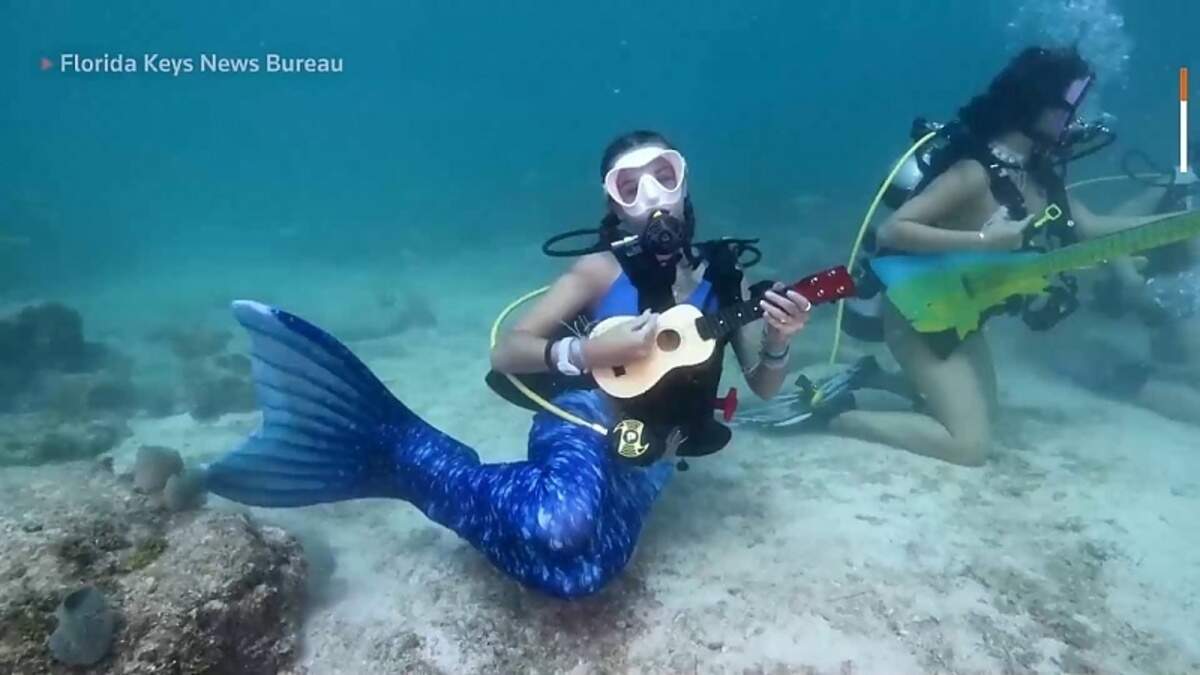 Divers dressed as mermaids mime with instruments at Lower Keys ...