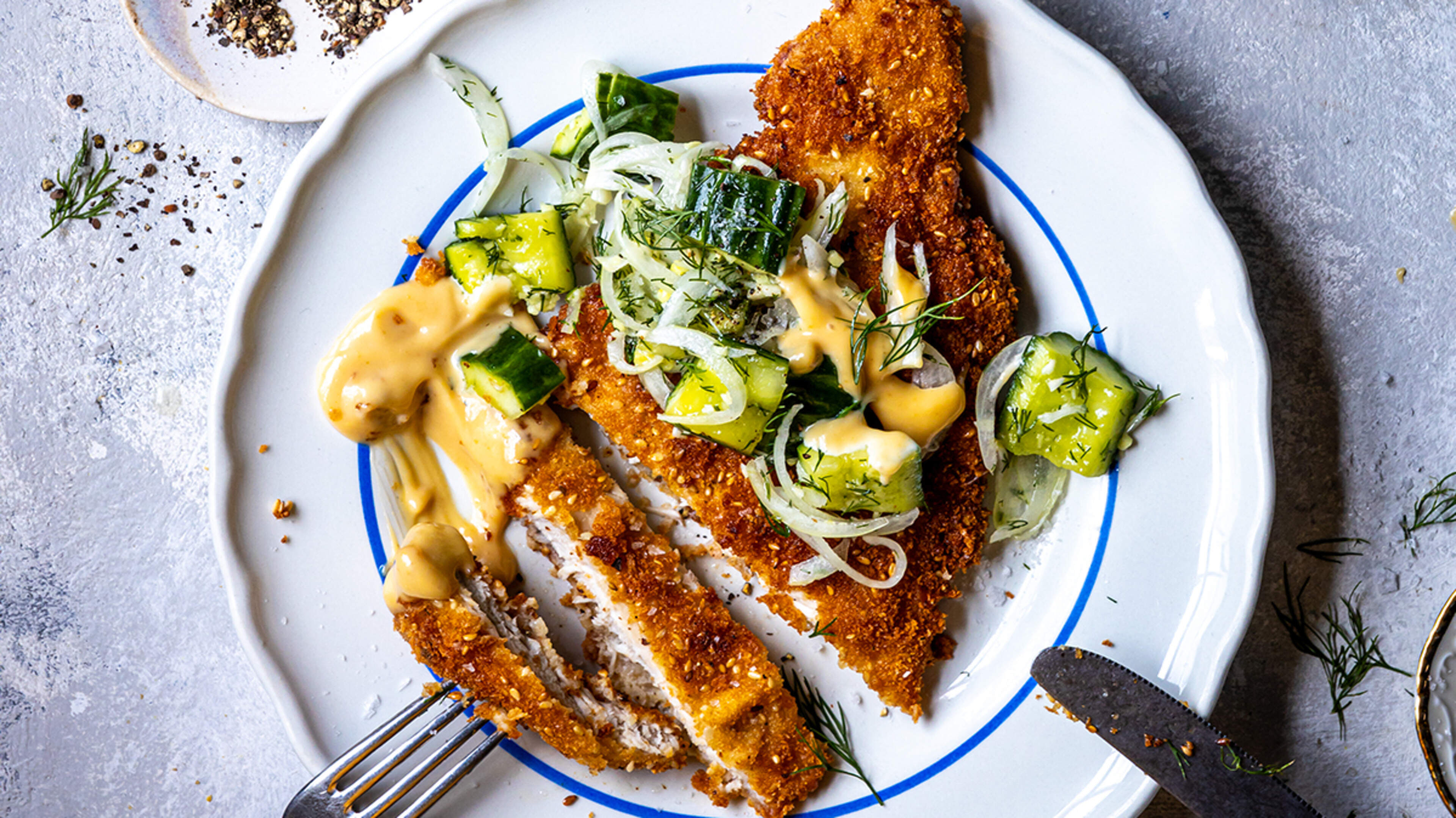 Pork Schnitzel with Pickled Smashed Cucumbers