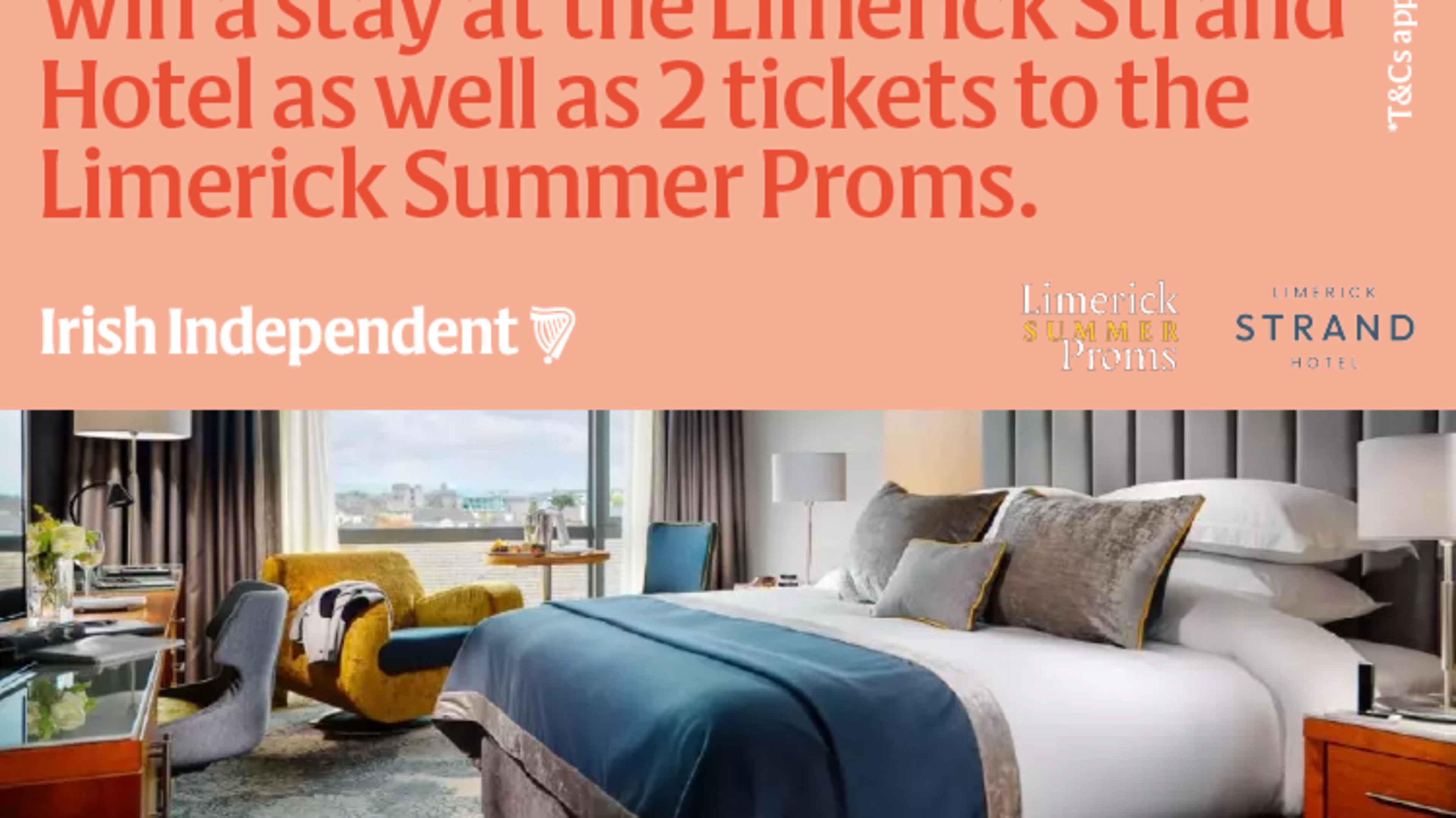 Room & dinner on the 20th Strand Limerick and 2 tickets to the Limerick Summer Proms Show of The Beach Boys with the RTE Concert Orchestra. 