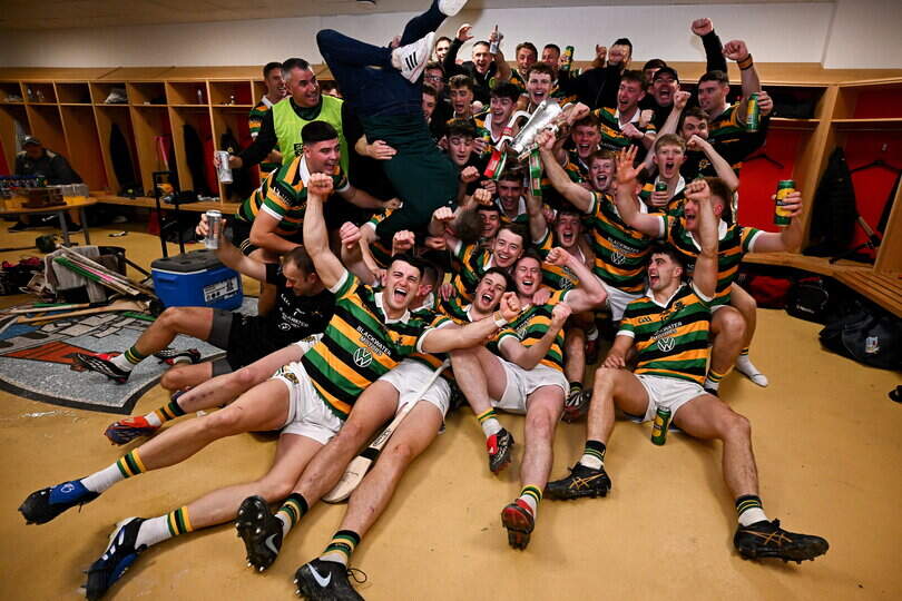 18 October 2026; Glen Rovers players celebrate in the dressing room with the Seán Óg Murphy Cup after their side's victory in the Cork County Premier Senior Club Hurling Championship final match between Glen Rovers and St Finbarr's at SuperValu Páirc Uí Chaoimh in Cork. Photo by Seb Daly/Sportsfile