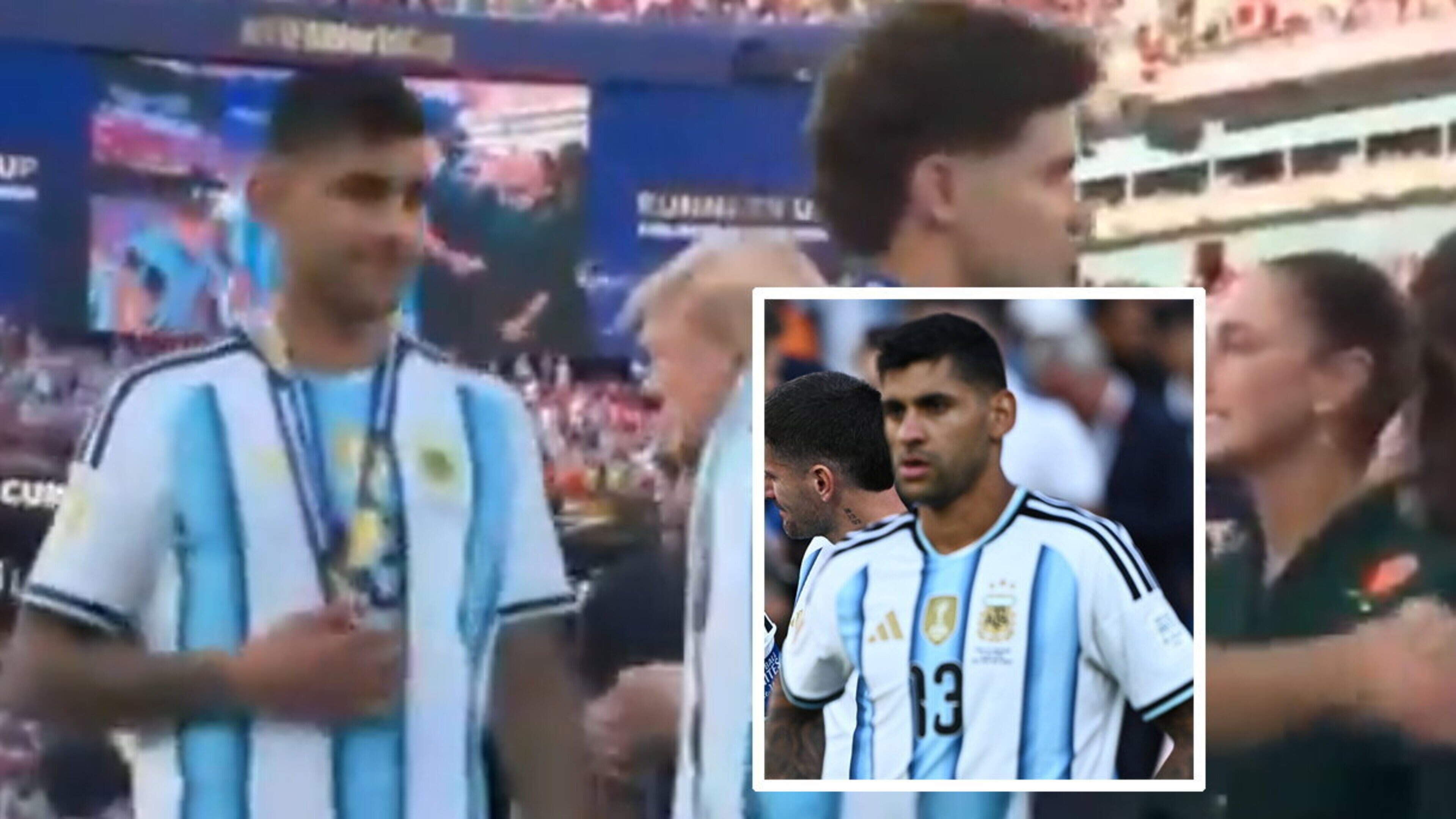 Watch: Cristian Romero and Lisandro Martinez snub Donald Trump as US president refuses to get off stage for trophy lift