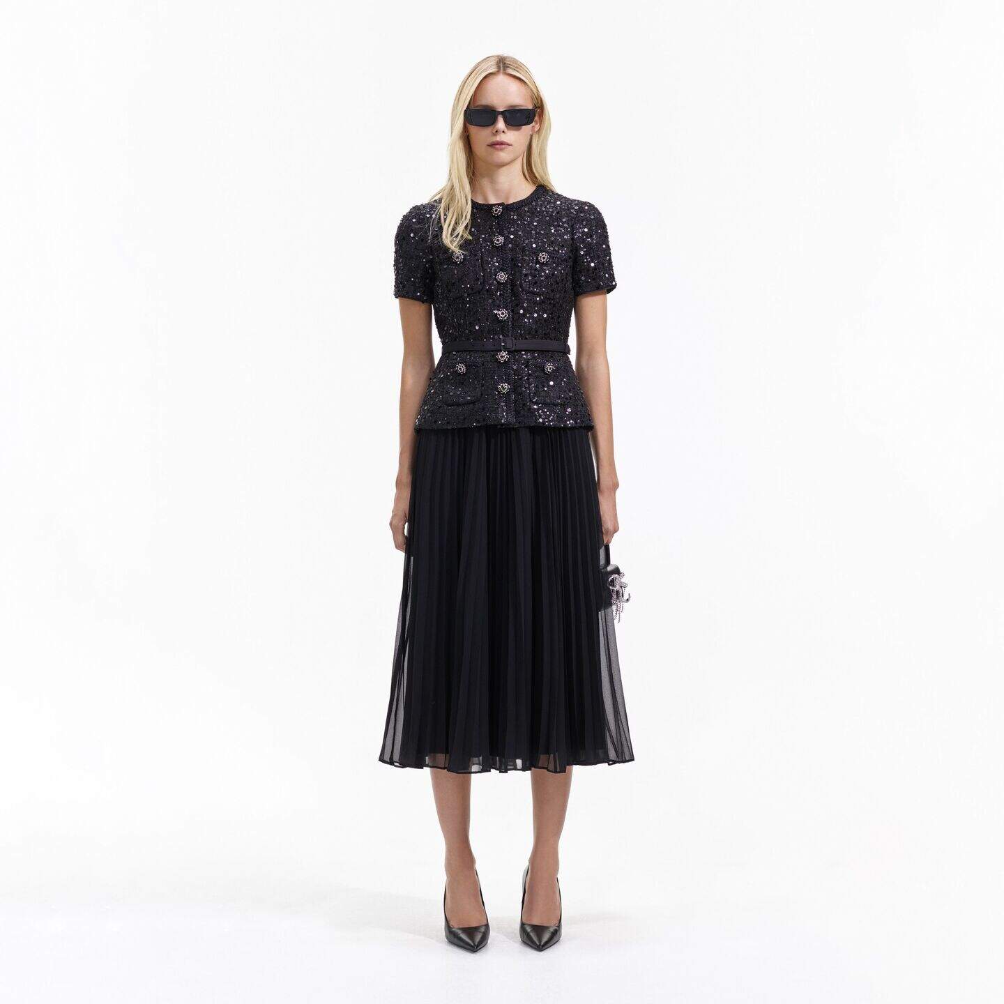 black sequin boucle tailored midi dress Self-Portrait Tinsel Boucle Tailored Midi Dress in Black