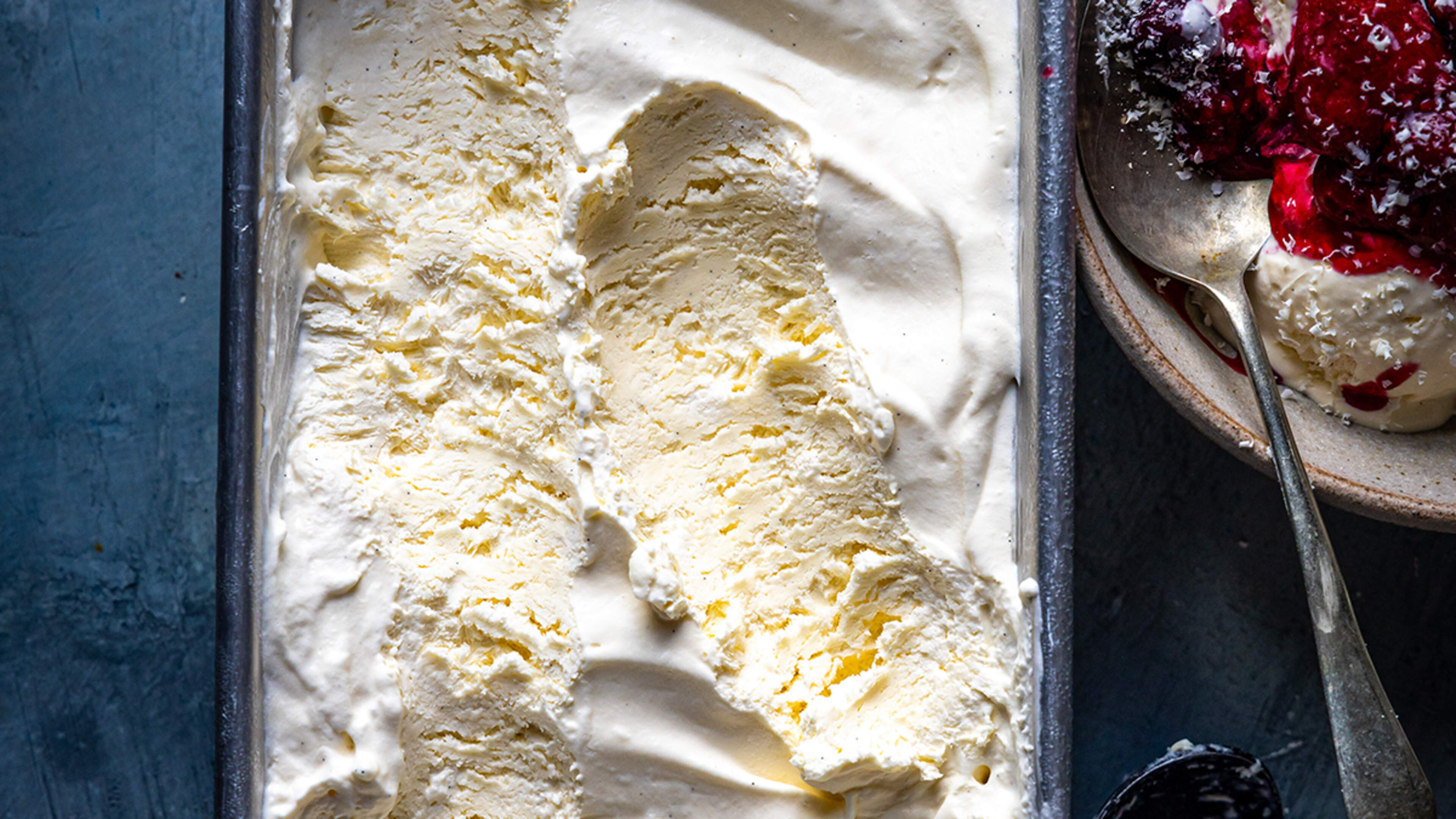 Cheat’s No Churn Vanilla & Sea Salt Ice Cream with Roasted Frozen Berries