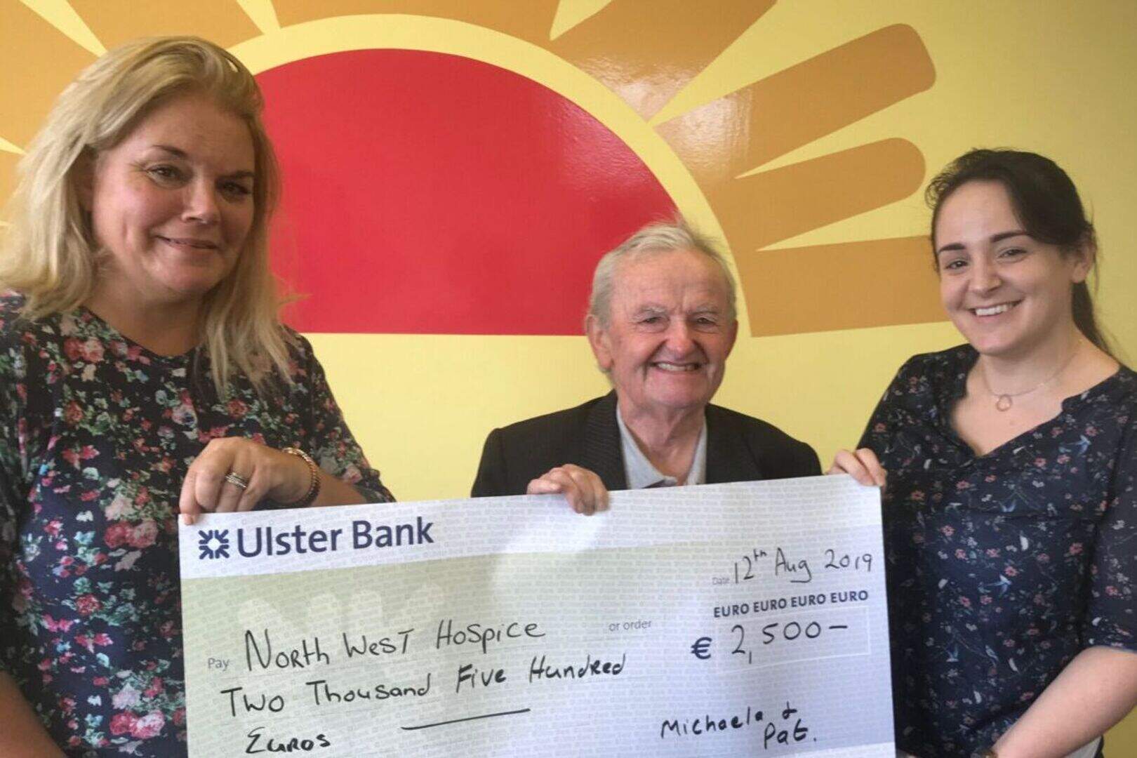 Michaela and Pat Finnegan, Templeboy, who recently raised €2500 for the North West Hospice. They presented the cheque to Laura Comiskey, Fundraising and Events Coordinator of the North West Hospice