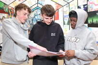 Markus Nilsen, Hugh Huxley and Abdul Rauf  Yesufu comparing notes on English Paper One after starting their Leaving Cert at Scoil Mhuire Kanturk on Wednesday morning. Photos by Sheila Fitzgerald