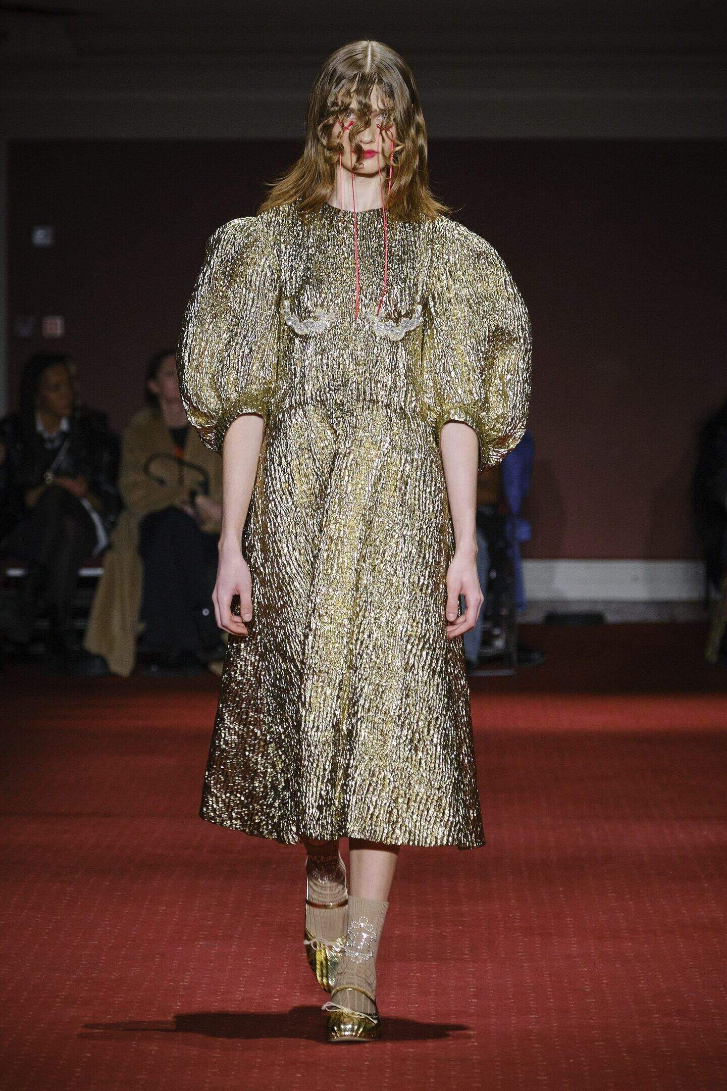 simone rocha gold dress Puff Sleeve Fitted Dress  Gold/Pearl/Clear  La Garonne