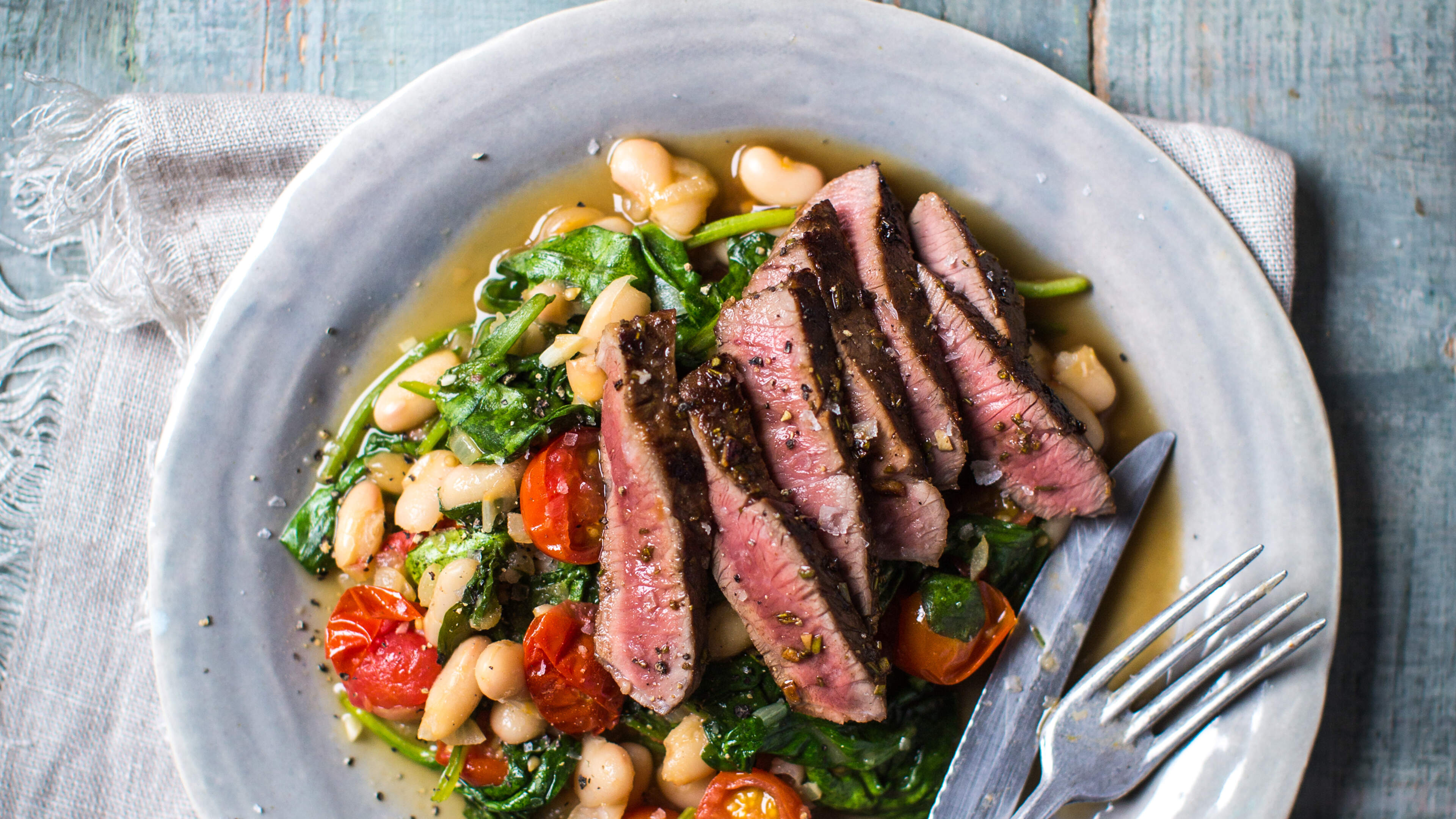 Rosemary Lamb Steaks with Quick Bean Stew