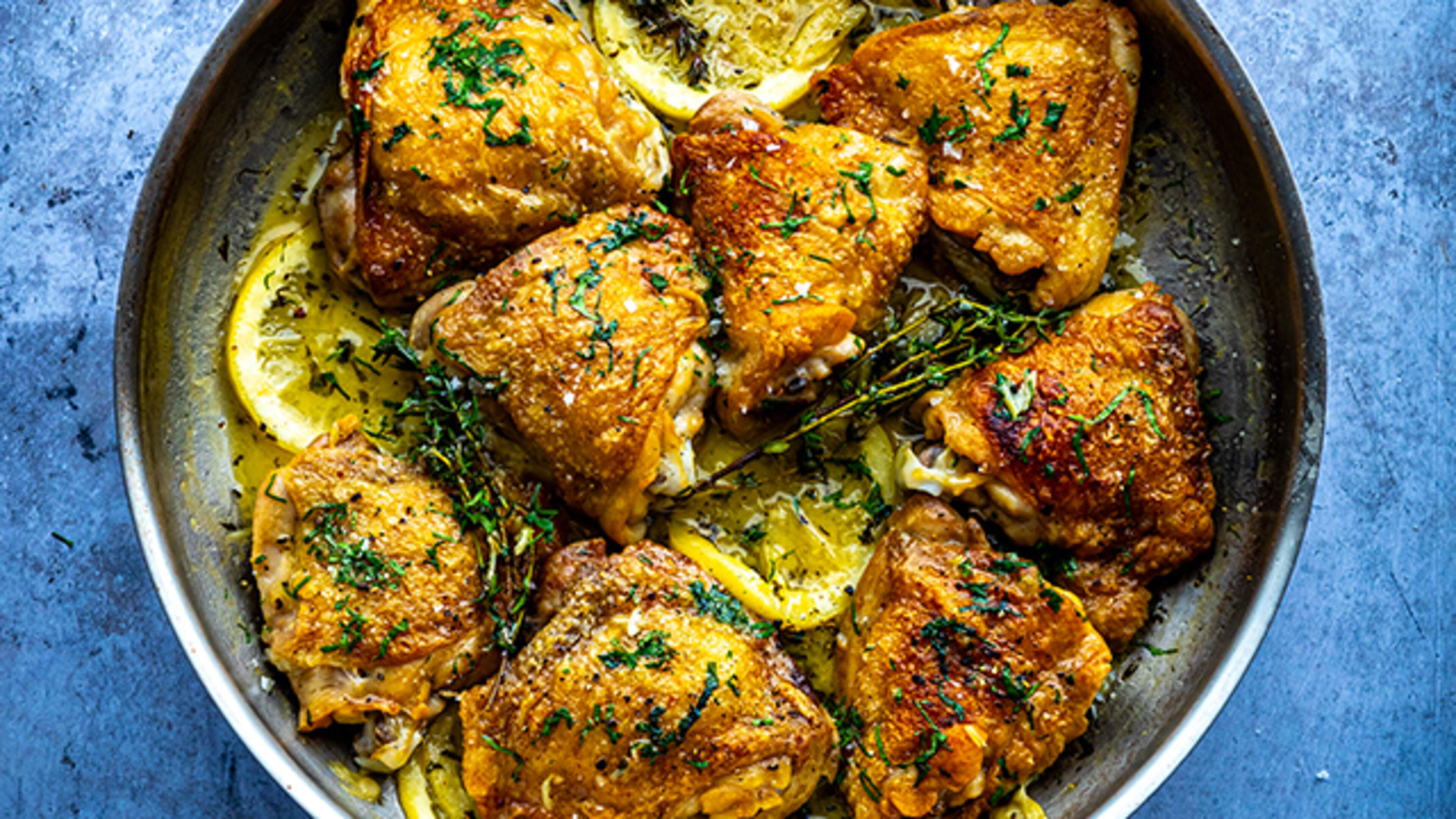 Garlic, Lemon and Thyme Crispy Pan Chicken with Lemon Pan Sauce