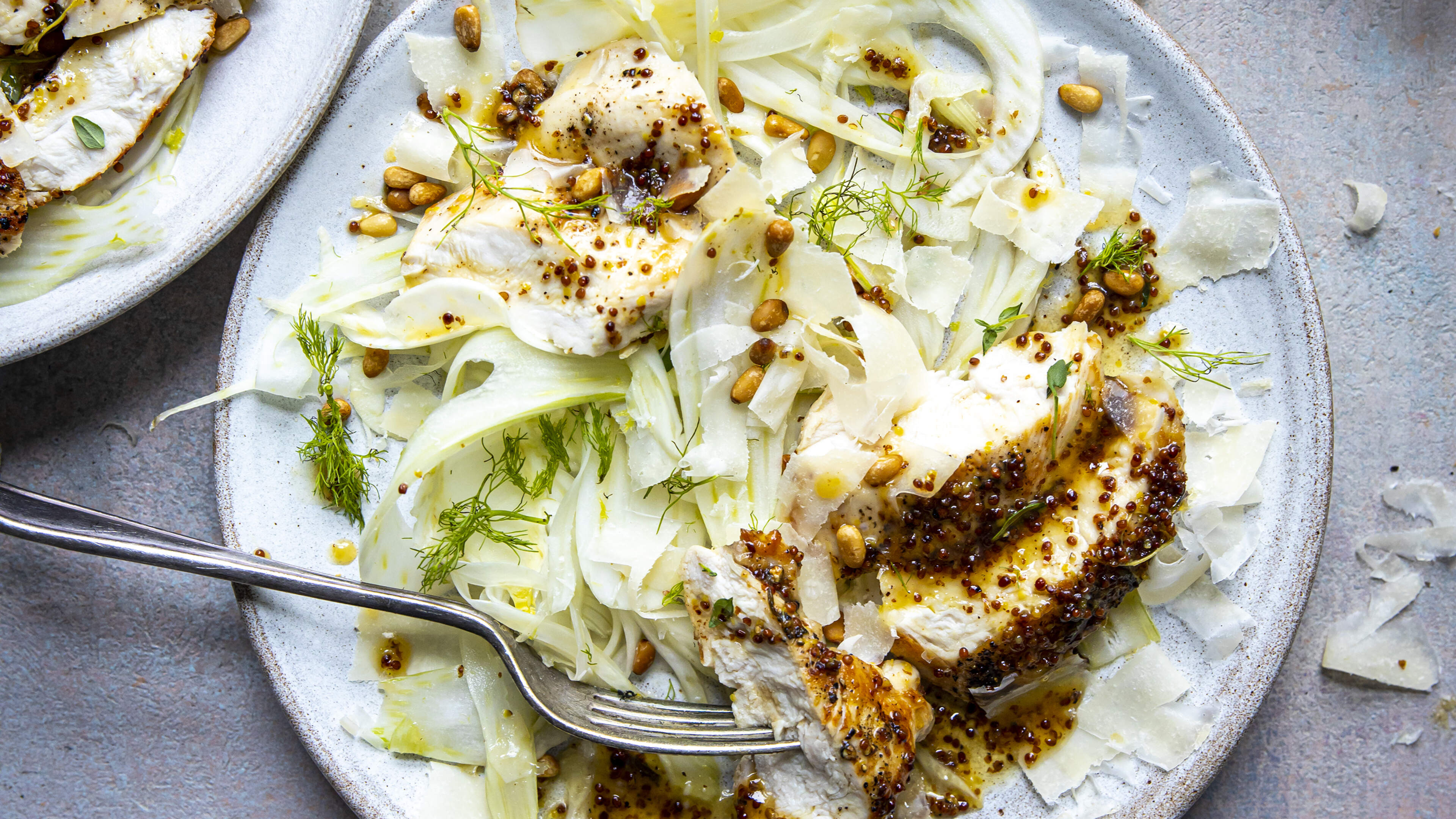 Honey and thyme pan-fried chicken with shaved fennel and parmesan salad